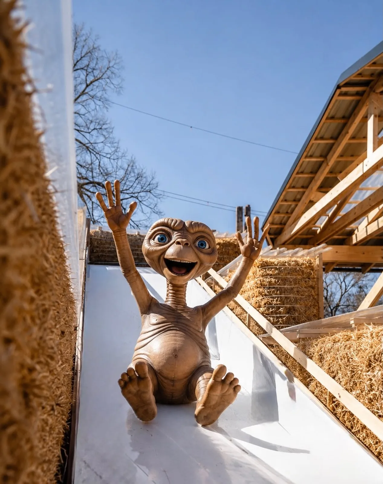 Figura E.T. sedící na skluzavce mezi balíky slámy
